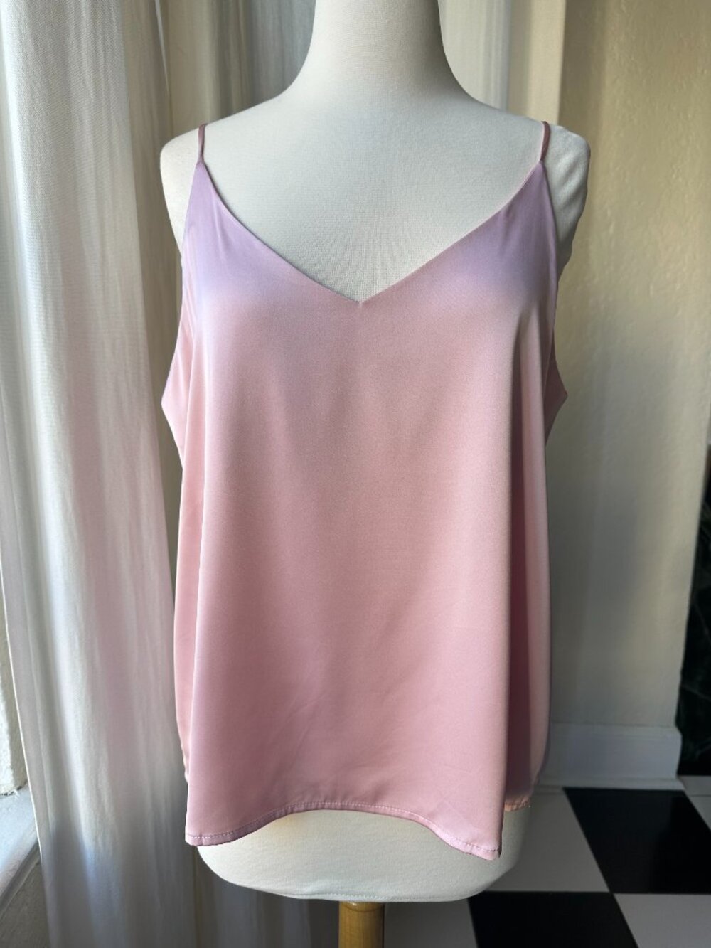Women’s Dusty Pink Satin Camisole Tank Top V Neck Spaghetti Strap Size L